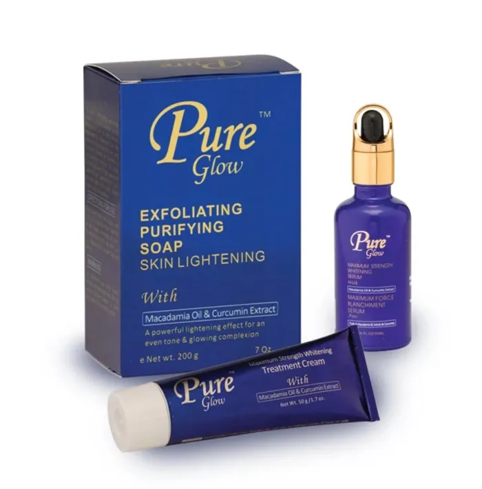 Pure Glow soap box, serum bottle and treatment cream tube